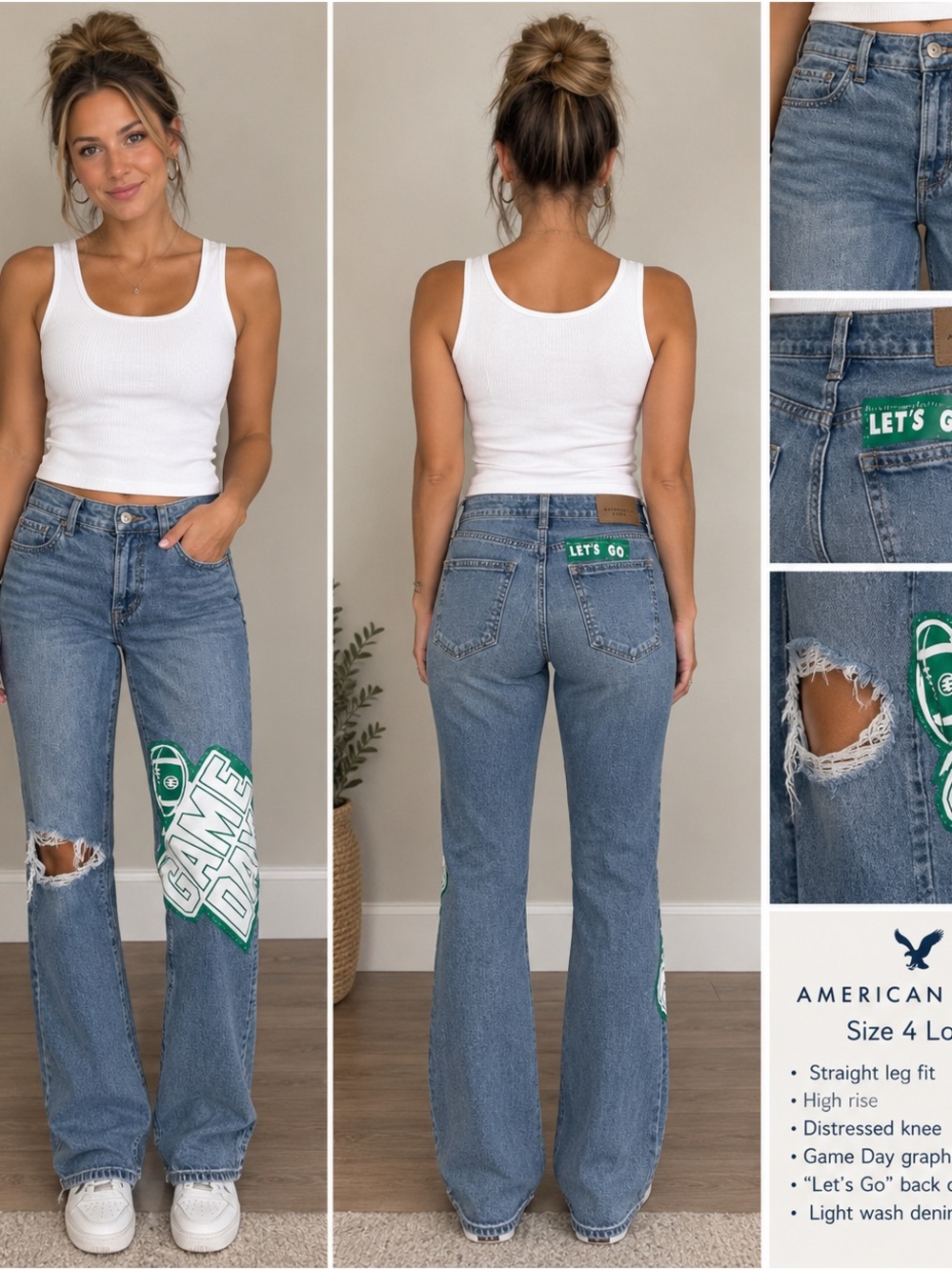 American Eagle Outfitters Light Blue Game Day Graphic Straight Leg Jeans